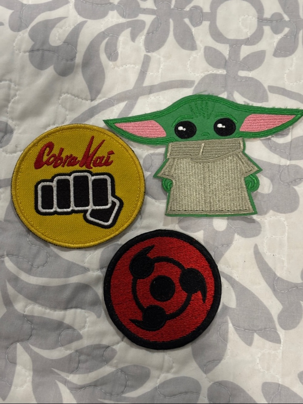 Cobra Kai Fist Patch, Baby Yoda Grogu Patch, Red Sharingan Patch - Iron-On Set